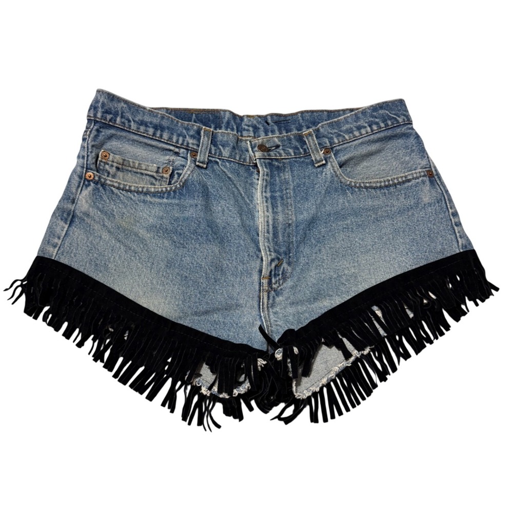 Vintage Levis 505 Custom Cut Off Denim Shorts Black Fringe Western Boho Blue 38